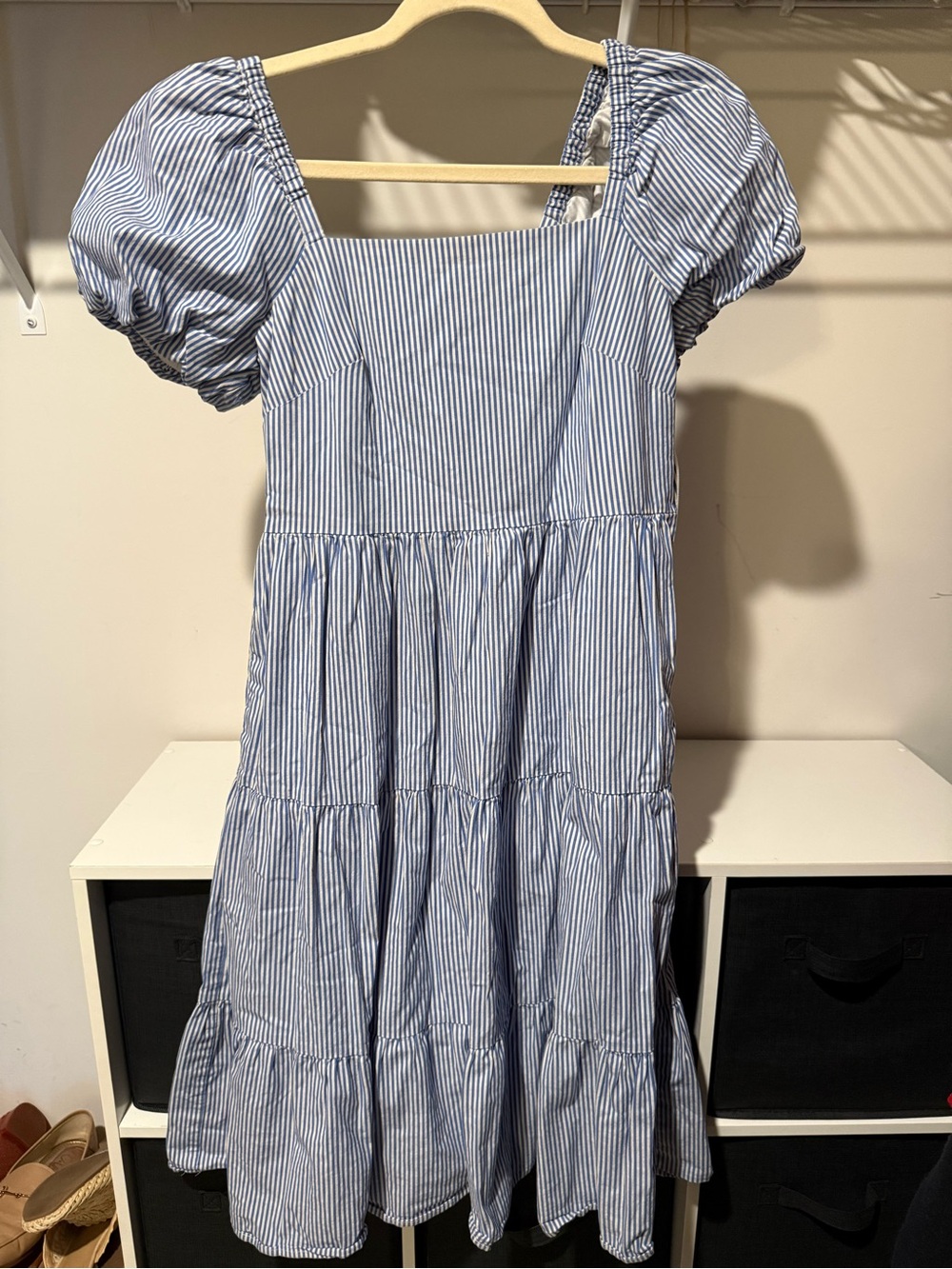 Blue and White Striped Puff Sleeve Tiered Dress
